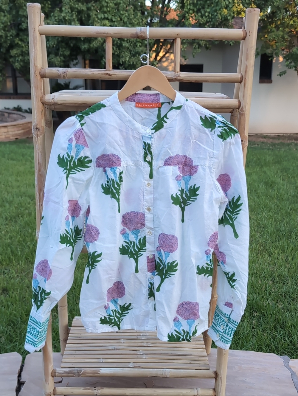 Oliphant White Button-Up Top with Pink Floral and Green Leaves